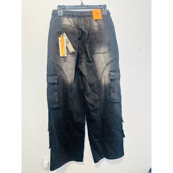 AMERICAN BAZI Black Washed Wide-Leg Cargo Style Drawstring Pants NWT size Small - Picture 3 of 14